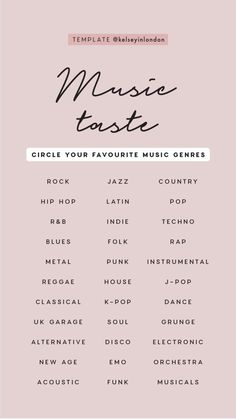 a poster with the words music taste written in black and white, on a pink background