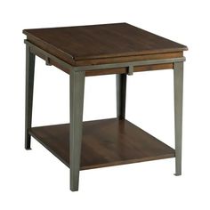 an end table with a wooden top and metal legs