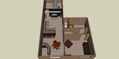 an overhead view of a floor plan for a small apartment with living room and kitchen