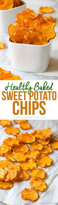 baked sweet potato chips in white bowls with text overlay