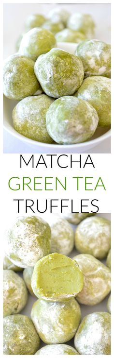 matcha green tea truffles on a white plate with the words matcha green tea truffles