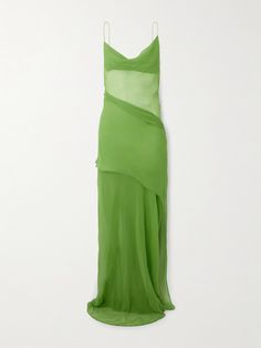 Inspired by modern art, Christopher Esber's designs often feel abstract, striking and evocative. This dress is made from lime-green silk-georgette - the sheer fabric drapes beautifully through a cowl neckline and hip-slung overlay. Green Stretch Draped Dress, Green Draped Georgette Dress, Green Sleeveless Pre-draped Maxi Dress, Chartreuse Dress, Christopher Esber Sculptured Pleated Rib Maxi Dress, Christopher Esber Black Dress, Silk Georgette Dress, Tulle Long Dress, Lime Green Dress