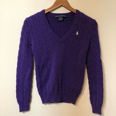 Excellent Condition. Runs Small. Never Worn But Washed Casual Purple Cable Knit Sweater, Purple Cable Knit Top For Fall, Ralph Lauren Long Sleeve Winter Tops, Casual Fitted Cable Knit Sweater, Fitted Casual Cable Knit Sweater, Fitted Cable Knit Sweater, Purple Fitted Long Sleeve Sweater, Fitted Long Sleeve Purple Sweater, Fitted Purple Long Sleeve Sweater