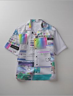 Color: Multi Style: Casual Pattern Type: Vaporwave Art Type: Shirt Neckline: Collar Sleeve Length: Short Sleeve Details: Button Front Sleeve Type: Regular Sleeve Fit Type: Regular Fit Fabric: Semi-Stretch Material: Polyester Composition: 100% Polyester Care Instructions: Machine wash, do not dry clean Sheer: No • 7.23 Oz. Fabric: 95% polyester, 5% spandex.• Features four-way stretch fabric and comfort fit.• Short sleeves, notch lapel collar, self-fabric sleeve cuff detail.• Machine wash, tumble