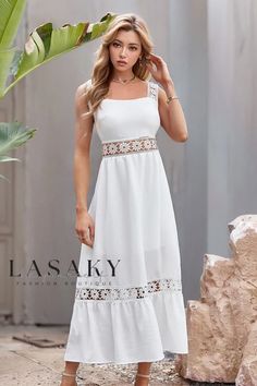 Lasaky - Hollow Lace Patchwork Square Neck Sleeveless Backless Dress in a Solid Color Cotton Dresses Summer, Midi Ruffle Dress, Sleeves Clothing, Suspender Dress, Lace Maxi, Dresses Summer, Boho Maxi Dress, Everyday Dresses, Lace Maxi Dress