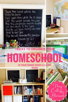 a collage of photos with the words, tricks to organize your homeschool in pink