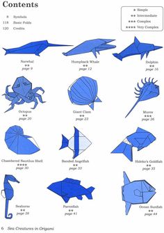 an origami fish and other marine creatures are shown in blue paper with the words,