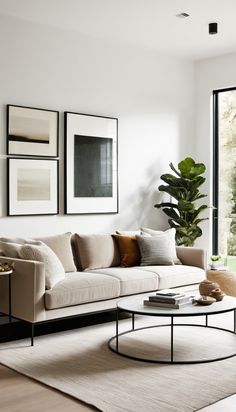 a living room filled with furniture and a large window next to a wall mounted plant