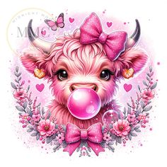 a pink cow with a bubble in its mouth and flowers around it's neck