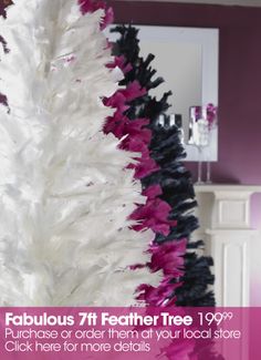 a white and pink feather tree in front of a mirror with the text fabulous 7ft feather tree 99 % purchase or order at your local store