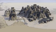 an artistic rendering of a castle in the middle of a desert with snow on it