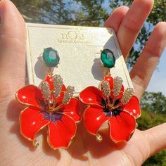 Same Day Shipping Orange Drop Earrings For Spring, Red Flower Shaped Earrings For Spring, Orange Earrings For Spring Gift, Red Flower-shaped Earrings For Spring, Orange Flower Earrings For Spring, Spring Gift Orange Earrings, Red Flower Decorated Jewelry For Spring, Elegant Orange Flower Earrings, Orange Flower Shaped Earrings For Party