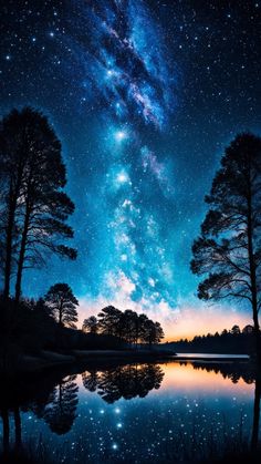 the night sky with stars and trees reflected in water