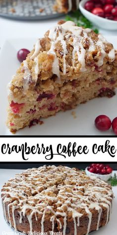 cranberry coffee cake with white icing on top and cherries in the background