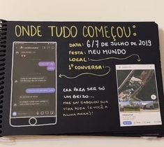 a notebook with an image of a car on it and the words'one tudo comecou'written in spanish