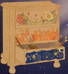 an artistic drawing of a chest with flowers and stars on the side, in front of a night sky