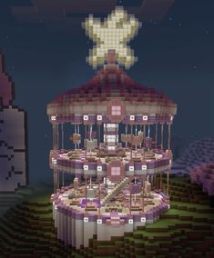 Minecraft Merry Go Round, Cupcake House Minecraft, Candyland Minecraft, Minecraft Carriage, Minecraft Carousel, Minecraft Round House, Pink Minecraft Builds