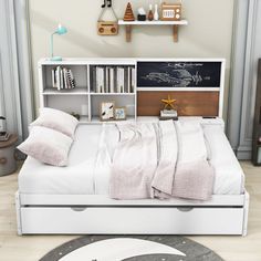 a bedroom with a bed, bookshelf and rugs on the floor in front of it