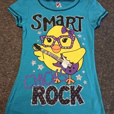 ***(2/$12 Mix & Match...Bundle To Save*** New Girls Turquoise Glittered Smart Chics Rock Short Sleeved T-Shirt. Cute Stretch T-shirt, Fitted Casual Top With Glitter Print, Cute Crew Neck Top With Glitter Print, Casual Glitter Print Tops For Spring, Cute Cotton T-shirt With Glitter Print, Casual Glitter Print T-shirt For Spring, Casual T-shirt With Glitter Print, Trendy Short Sleeve Top With Glitter Print, Casual Cotton Tops With Glitter Print