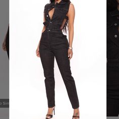 Fashion Nova Black Jean Jumpsuit Chic Black Overalls For Spring, Chic Black Denim Overall Jumpsuit, Casual Fitted Denim Jumpsuit For Party, Chic High Rise Fitted Bodysuit, Chic Fitted High-rise Bodysuit, Black Fitted Overall Jumpsuit, Fitted Black Overall Jumpsuits And Rompers, Fitted Black Overall Jumpsuit, Trendy Sleeveless Denim Jumpsuit For Night Out