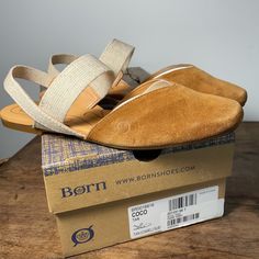 Born Coco Cream & Tan Brown Suede Leather Slingback Mules Womens 6.5 New Suede Leather Stretch Banding Casual Beige Slingback Pumps With Round Toe, Casual Beige Slingback Pumps With Heel Strap, Casual Beige Slingback Pumps With Closed Toe, Beige Casual Closed Toe Slingback Pumps, Casual Beige Closed Toe Slingback Pumps, Casual Mules With Ankle Strap Medium Width, Casual Brown Slingback Pumps With Heel Strap, Casual Medium Width Closed Toe Slingback Pumps, Brown Slip-on Slingback Pumps For Spring