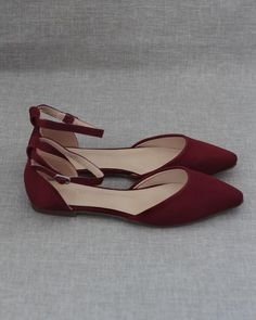 BURGUNDY Satin Pointy Toe Flats, Wedding Shoes, Bridesmaids Shoes, Evening Shoes – Kailee P. Inc. Low Heel Pointed Toe Flats For Prom, Pointed Toe Flats For Prom With Low Heel, Formal Ankle Strap Flats, Womens Formal Shoes, Casual Heels Outfit, Burgundy Colour Palette, Dressy Flats, Burgundy Shoes, Basic Shoes