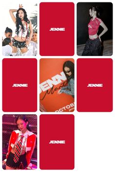 four photos of women in red and black outfits with the name jennyne on them