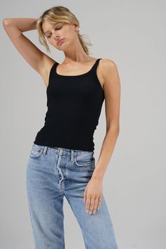 LNA Ribbed Timeless tank in Black Clothing Website, Clothing Websites, Ribbed Tank, Black Rib, Sweatshirt Dress, Vintage Jeans, Scoop Neckline, Summer Women, Everyday Essentials Products