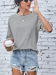 Striped Round Neck Raglan Sleeve T-Shirt Features: Basic style Sheer: Opaque Stretch: No stretch Material composition: 95% polyester, 5% spandex Care instructions: Machine wash cold. Tumble dry low. Imported Product measurements:S:Bust 35.43 in, Top Length 24.02 in, Sleeve Length 17.91 inM:Bust 37.80 in, Top Length 24.41 in, Sleeve Length 18.50 inL:Bust 40.16 in, Top Length 24.80 in, Sleeve Length 19.09 inXL:Bust 42.52 in, Top Length 25.20 in, Sleeve Length 19.69 in Striped Tops, Maxi Skirt Outfits, Cardigan Crop, Round Neck Sweaters, Striped Sleeve, Loungewear Sets, Plus Size Maxi Dresses, Chunky Knits Sweater, Cropped Cardigan