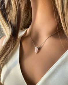 The stunning Rose Quartz Necklace is the perfect everyday statement necklace. Known as the stone of "unconditional love", rose quartz is one of the most iconic crystals in the world. A rose quartz necklace in 925 sterling silver is a beautiful piece of jewelry that combines the powerful properties of rose quartz with the timeless elegance of silver.

Unconditional love | Self-love | Kindness | Friendship | Romantic love

Chakras - Heart Chakra | Zodiac - Taurus, Libra
Planet - Venus Element - Earth, Water | Vibration - Number 7

Collection: Rose Quartz Necklaces Rose Gold Crystal Necklace With Clavicle Chain, Rose Gold Clavicle Chain Crystal Necklace, Rose Gold Sterling Silver Pendant Crystal Necklace, Elegant Rose Quartz Jewelry With Natural Stones, Feminine Rose Gold Rose Quartz Necklaces, Pink Quartz Jewelry As A Gift, Pink Quartz Jewelry As Gift, Pink Quartz Jewelry For Gifts, Pink Quartz Jewelry For Gift