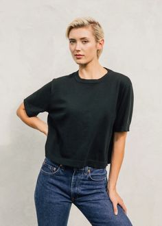 ESTELLA | Fiona Cropped T-Shirt in Black Cotton Cashmere Fine Knit Short Sleeve T-shirt For Fall, Boxy Effortless Short Sleeve T-shirt, Oversized Cotton Knit Top With Short Sleeves, Oversized Cotton Short Sleeve Knit Top, Boxy Short Sleeve T-shirt For Fall, Boxy Short Sleeve T-shirt, Chic Boxy Cropped Top, Spring Boxy Workwear Tops, Spring Boxy Tops For Workwear