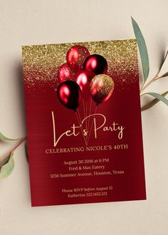 a red and gold party card with balloons