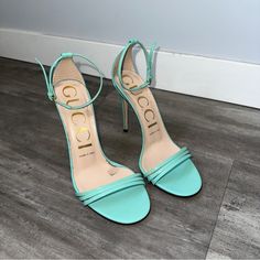 Gucci Strappy Sandals In Tiffany Blue Color Patent Leather Size Eur 37.5. Light Blue Strappy Sandals, Green Flat Gucci Sandals, Blue Open Toe Gucci Sandals, Luxury Blue Gucci Sandals, Blue Open Toe T-strap Sandals For Summer, Tiffany Blue Color, Gucci Shoes, Tiffany Blue, Strappy Sandals