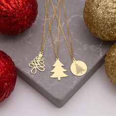 "Gold Cute Christmas Tree Necklaces ( Dainty Silver Tree Pendants, Nature Jewelry ) is lightweight and shine in the light. This necklace is a perfect gift for a mom, a sister, or your wife on Christmas , birthday, anniversary. Materials: 925K Sterling Silver Charm Size: Height 15mm - Width15 mm (Disc) Height 20 mm - Width 16 mm Style: Minimalist Chain style: Cable Chain length: from \"12 (+2\" Extender) to \"22 (+2\" Extender) -  (+2\" extender for each product to help if you want to adjust)  Fi Gold Necklace For Christmas Gift, Handmade Christmas Necklaces For Festive Occasions, Handmade Gold Necklaces For Christmas, Handmade Gold Necklace For Christmas, Gold Necklaces For Christmas Celebration, Silver Necklace For Christmas Celebration, Gold Necklace Holiday Gift, Holiday Gold Necklace Gift, Gold Necklace For Christmas Celebration