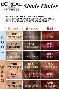 Hair Colors For Skin Tones Charts, Warm Undertone Hair Color, Color For Skin Tone, Warm Skin Tone Colors, Skin Tone Chart, Rose Highlights, Winter Skin Tone, Loreal Hair Color