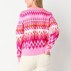 Add vibrant color to your cold-weather and holiday wardrobe with this St. John's Bay women's fairisle patterned sweater made from a soft knit. Cut for a classic-fit, it has a crew neckline, long sleeves, and ribbed trims. Pair yours with pants or jeans.Closure Type: Pullover HeadFit: Classic FitNeckline: Crew NeckSleeve Length: Long SleeveSleeve Style: Cuffed SleeveApparel Length: 24 InchesFiber Content: 63% Acrylic, 37% NylonFabric Description: KnitCare: Machine Wash, Tumble DryCountry of Orig… Multicolor Nordic Sweater For Fall, Nordic Multicolor Sweater For Fall, Nordic Multicolor Fall Sweater, Pink Jacquard Knit Tops For Winter, Nordic Style Multicolor Winter Sweater, Pink Fair Isle Pattern Top For Fall, Pink Fair Isle Pattern Sweater For Fall, Casual Pink Tops With Fair Isle Pattern, Multicolor Nordic Style Winter Sweater