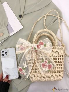 Bird in Bag - Mini Butterfly Knot Decorative Woven Rattan Handbag for Travel Cute Beige Shoulder Bag Satchel, Cute Beige Shoulder Satchel, Spring Beige Straw Bag With Mobile Phone Holder, Beige Straw Bag With Mobile Phone Holder For Spring, Beige Straw Bag With Mobile Phone Bag For Spring, Beige Straw Bag With Mobile Phone Pocket For Spring, Cute Beige Rectangular Satchel, Cute Brown Mobile Phone Bag, Cute Beige Travel Bag