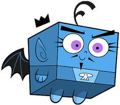 a blue box with an evil face and bat wings on it's head, sitting in front of a white background