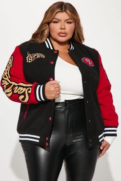 Available In Black/Red. Rib Contrast Pockets Snap Button Front Lined Wool Front, Back, And Sleeve Applique Oversized Fit Disclaimer : Embroidery Placement Will Vary Self: 93% Polyester 5% Rayon 2% Elastane Lining: 100% Polyester Imported | 49ers Letterman Jacket in Black/Red size Large by Fashion Nova 49ers Jacket, Eagles Jacket, Embroidery Placement, Grey Jacket Women, Football Jackets, Womens Puffer Vest, Letterman Jacket, Team Apparel, Red Fashion