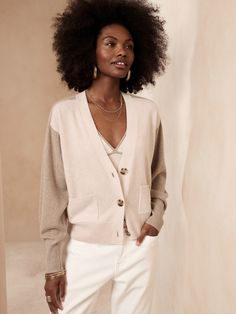 Lounge in luxury.  This button-front cardigan is nothing short of magnificent with sumptuously soft, cashmere construction cut in relaxed proportions.  Wear it over the matching bralette for a look that is daring and decadent.  RELAXED FIT: Expertly Timeless Fashion Pieces, Colorblock Cardigan, Color Block Cardigan, Button Front Cardigan, Banana Republic Sweater, Cashmere Cardigan, Sophisticated Style, Cream White, Bralette