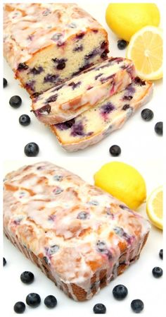 blueberry lemon loaf cake on a white plate