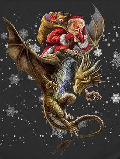 a dragon with santa claus riding on it's back