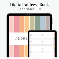 the digital address book is displayed on an ipad and tablet with it's cover open