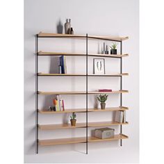 a book shelf with several books on it and some plants in the corner next to it