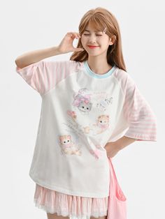 Embrace the perfect blend of cuteness and style with our adorable kitty print white T-shirt! This delightful top features a lovable kitty graphic that will melt your heart, while the contrasting pink striped sleeves add a playful touch. Crafted from high-quality, soft cotton, this T-shirt ensures all-day comfort and breathability. Whether you're heading out for a casual day with friends or simply lounging at home, this charming piece will keep you looking effortlessly cute and stylish. Pair it w White Kawaii Crew Neck Top, Kawaii Pink T-shirt With Cat Design, Kawaii Pink Cat Design T-shirt, Kawaii Cat Print Tops For Spring, Spring Kawaii Cat Print Tops, Spring Kawaii Cat Design Tops, Spring White T-shirt With Cat Design, Harajuku Hello Kitty Print Cotton Tops, Harajuku Style Cotton Tops With Hello Kitty Print