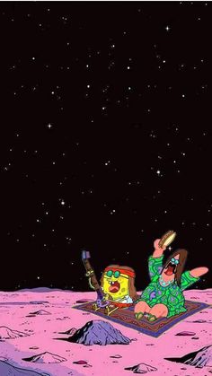 spongebob is sitting on the moon with his feet in the air and pointing at something