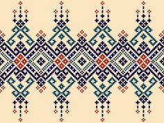 a cross stitch pattern in blue, red and white colors on a beige background with lines