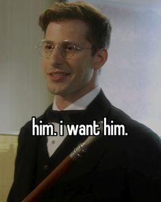 a man in a tuxedo and glasses holding a baseball bat with the words him i want him