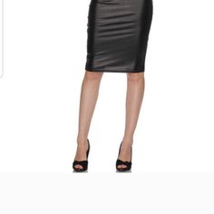 Front Panels Are Shiny Vegan Leather, Side Panels Are Stretchy Cotton/Spandex Blend, Raw Hem, Above The Knee Skirt, Waist 17",Length 20". Skirt Is Vet Comfortable With Plenty Of Stretch To Move Around In. Sleek Stretch Pencil Skirt For Night Out, Black Stretch Pencil Skirt For Club, Black Fitted Pencil Skirt For Club, Fitted Black Pencil Skirt For Club, Black Elastane Pencil Skirt For Parties, Black Stretch Pencil Skirt For Night Out, Black Party Pencil Skirt, Sleek Fitted Black Skirt, Above The Knee Skirt