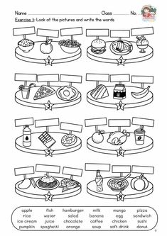 worksheet for the food and drink section in an english language book with pictures on it